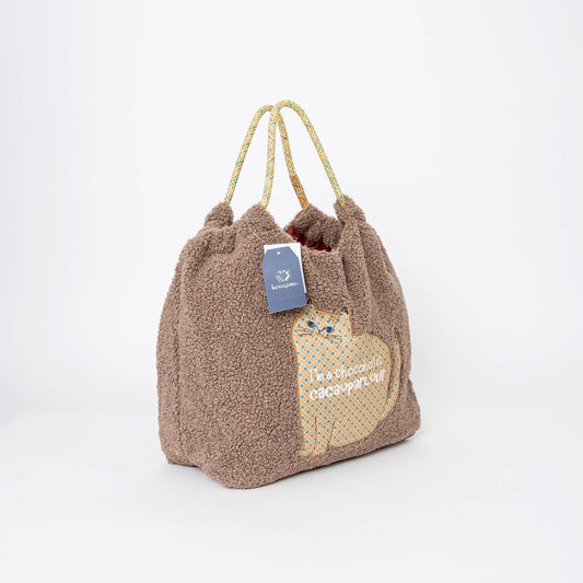Cozy Teddy Fleece Cat Appliqué Tote Bag - Kusuguru Japan