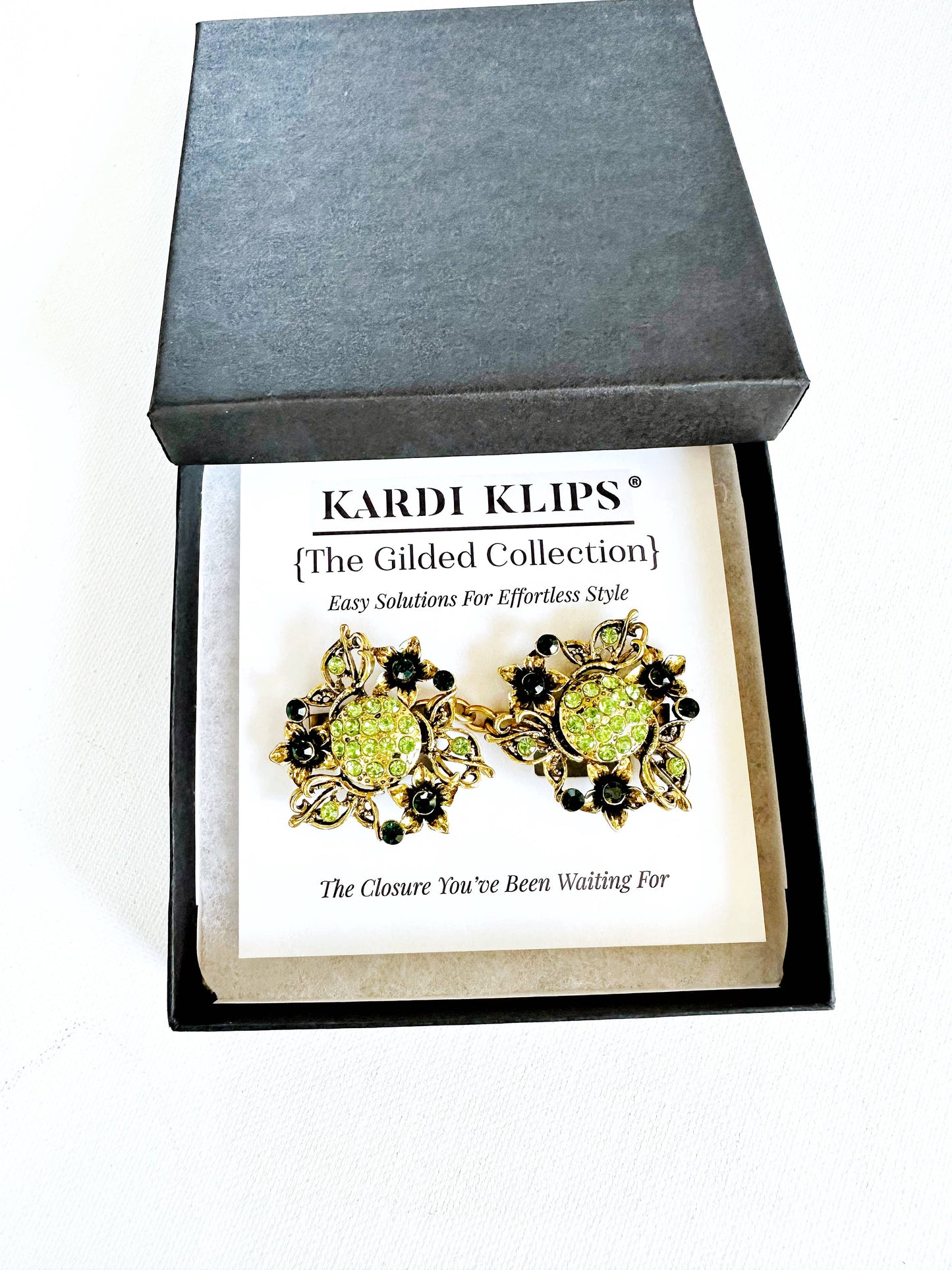 Green & Gold Cinch Clip, Gilded Sweater Clasp KardiKlip
