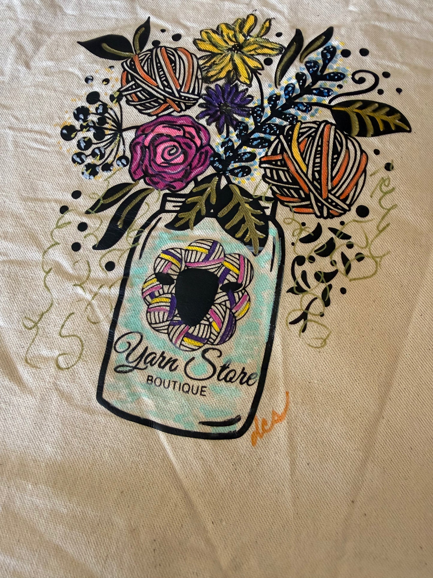 Yarn Store Boutique Tote Bag with Mason Jar