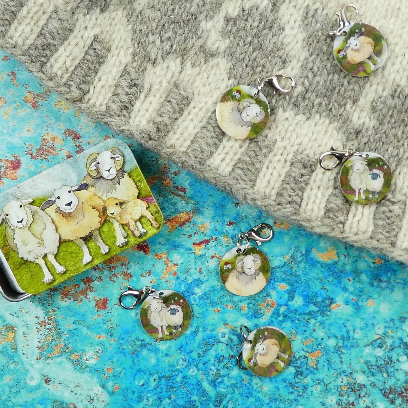 Felted Sheep Stitch Markers In A Pocket Tin by Emma Ball