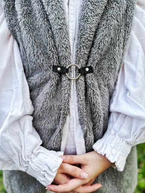Cinch Clip for Clothes Silver w/ Black Leather Scarf Clasp