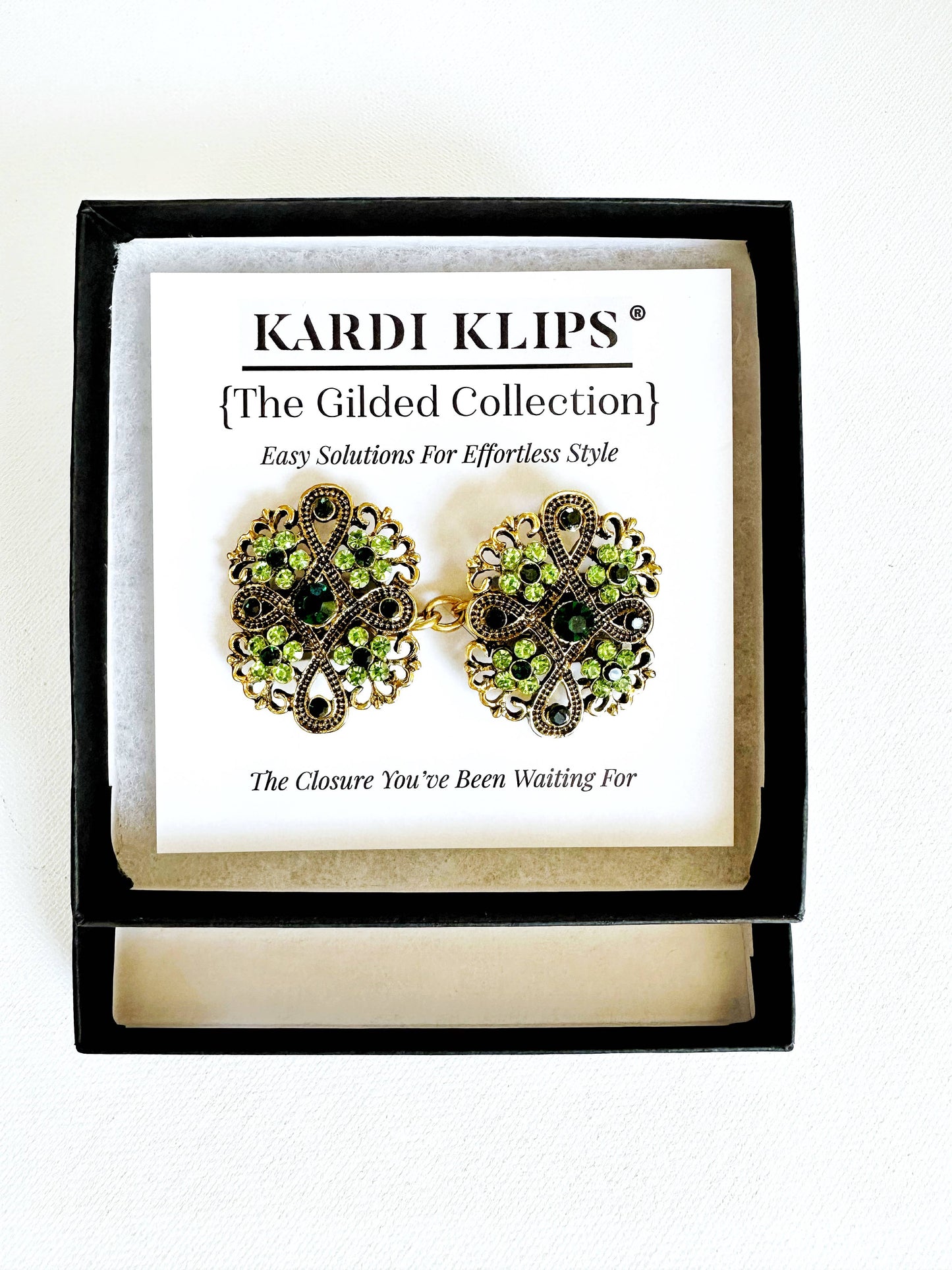Green & Gold Cinch Clip, Gilded Sweater Clasp KardiKlip