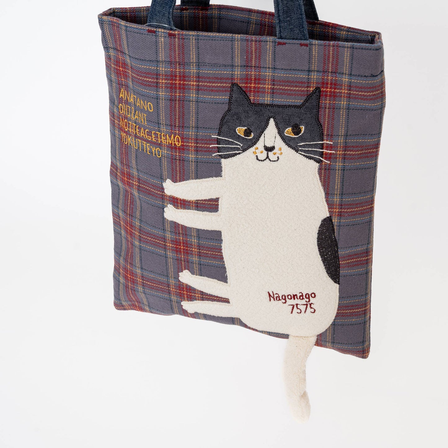 Kusuguru Japan Nago Cat Embroidered Small Tote - Slate Blue
