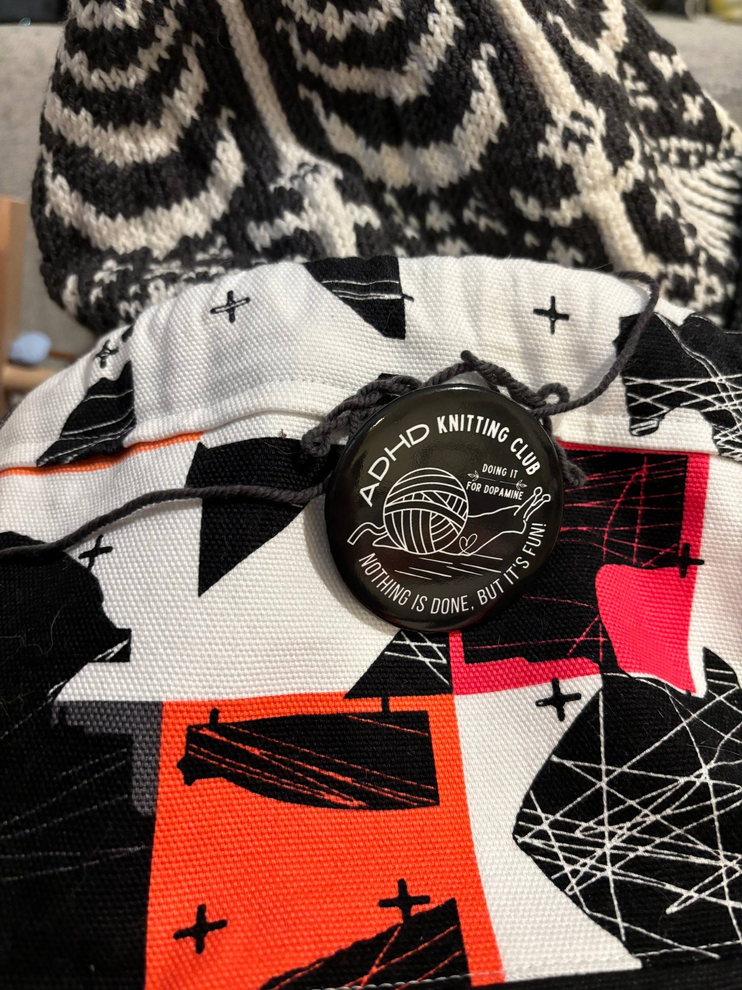 2.25" Pinback buttons - ADHD Knitting Club