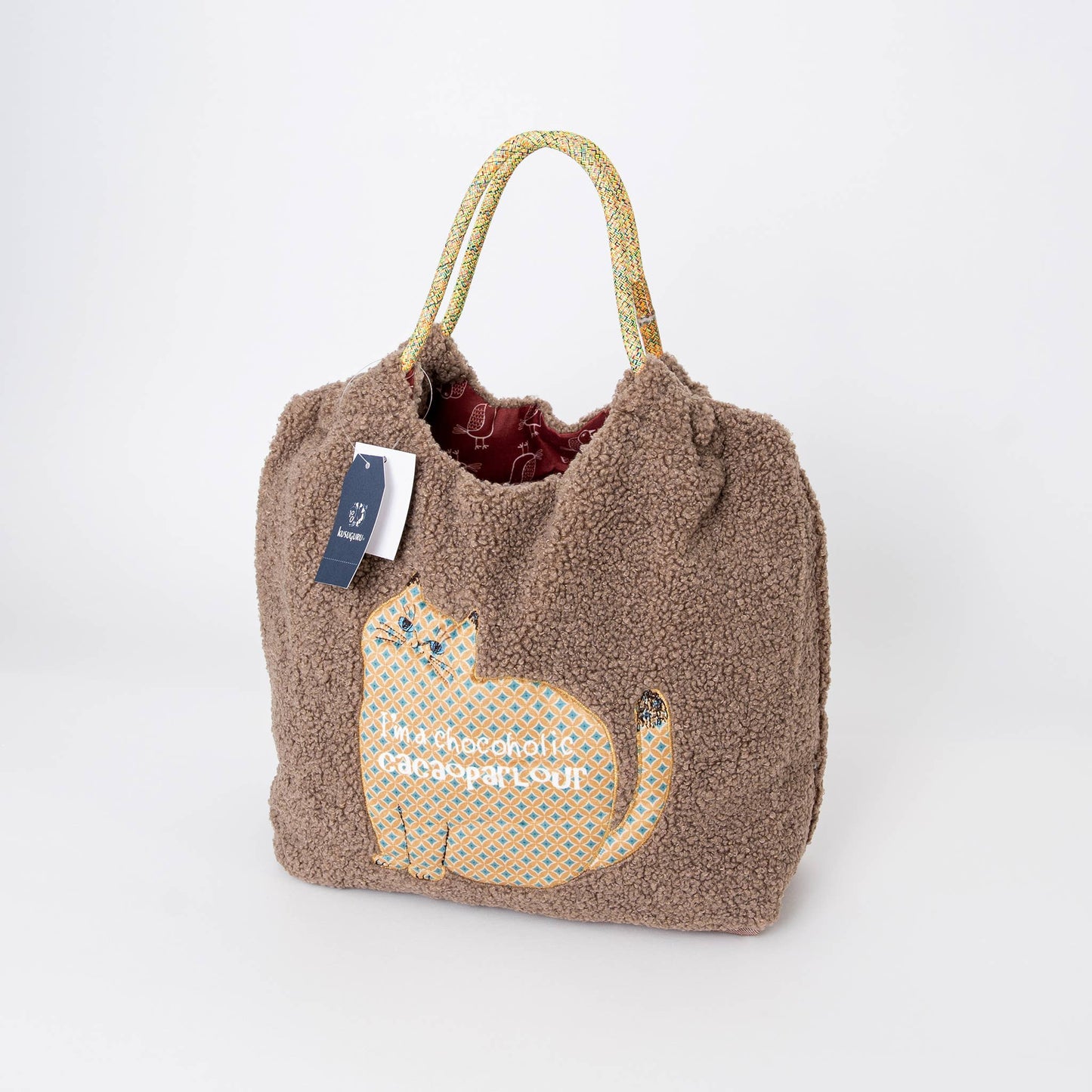 Cozy Teddy Fleece Cat Appliqué Tote Bag - Kusuguru Japan