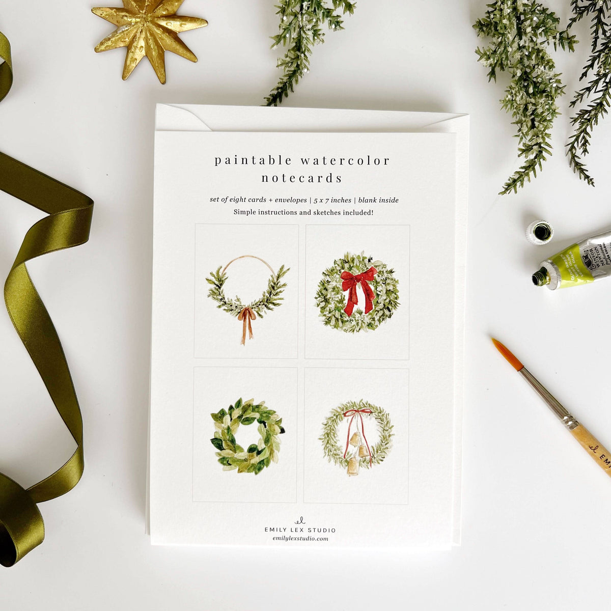 Wreaths Paintable Watercolor Notecard Set by Emily Lex