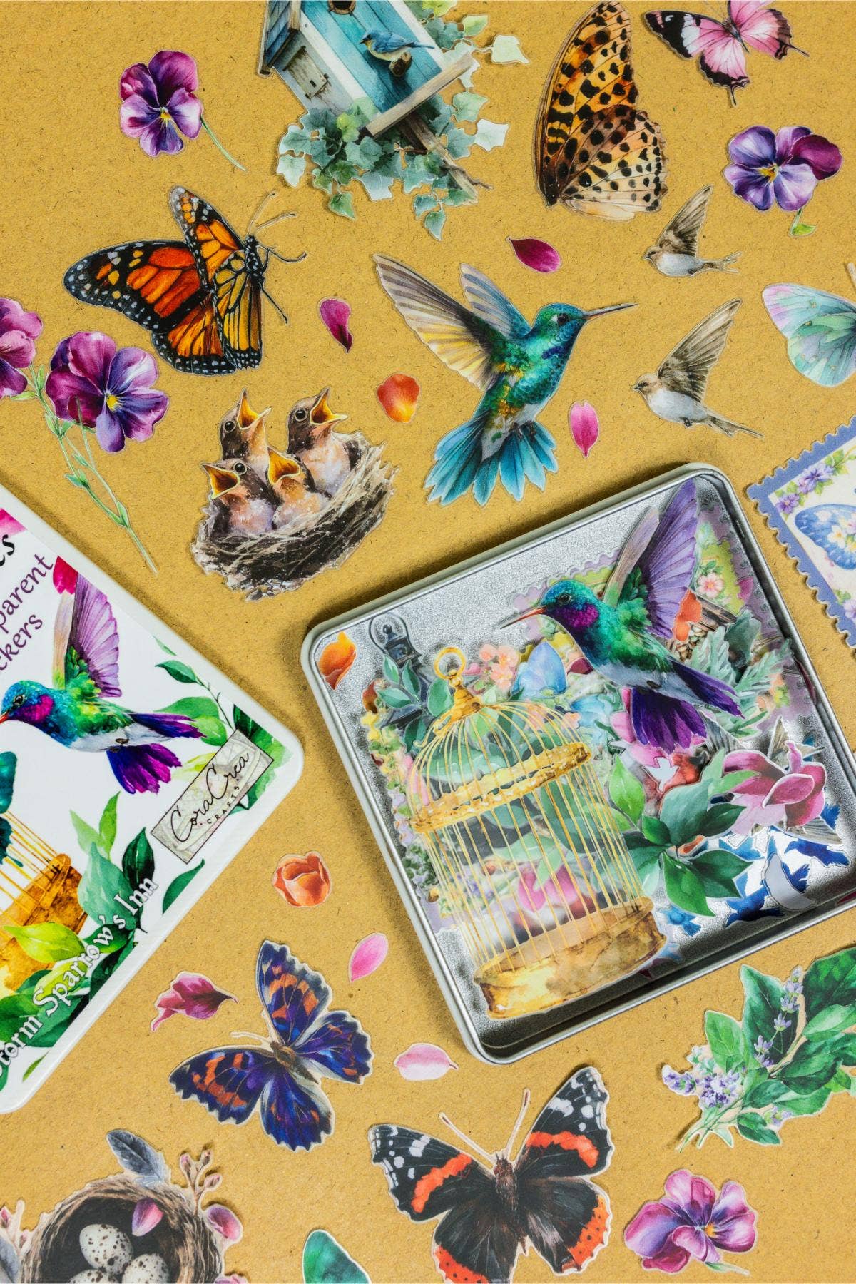 Birds, Foliage, Butterflies Sticker Tin Box