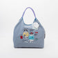 Kusuguru Embroidered Cat Nylon Shoulder Tote bag -Dusty Blue