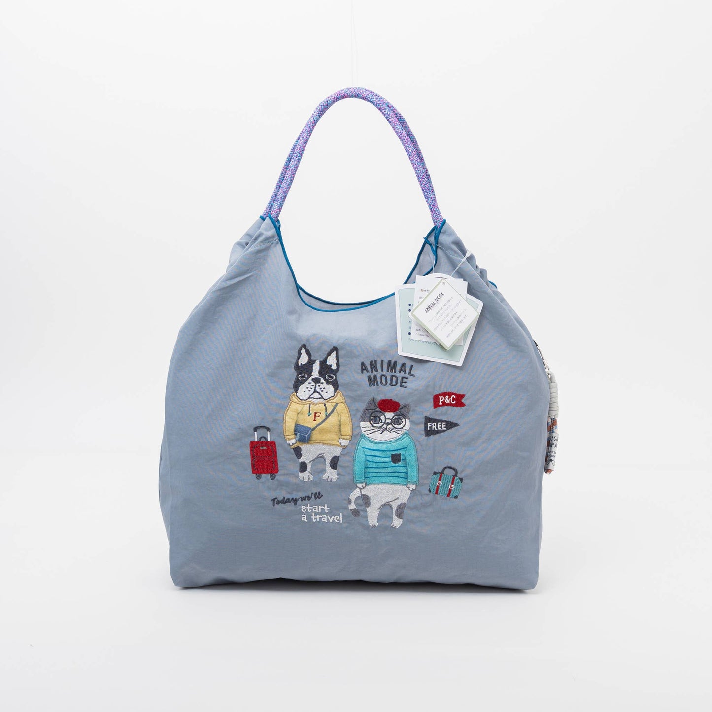 Kusuguru Embroidered Cat Nylon Shoulder Tote bag -Dusty Blue