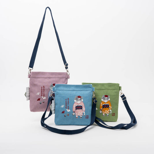 Kusuguru Japan Embroidered Kimono Cat Crossbody Bag