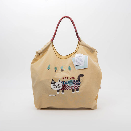 Kusuguru Embroidered Cat Nylon Shoulder Tote bag -Butter Yel