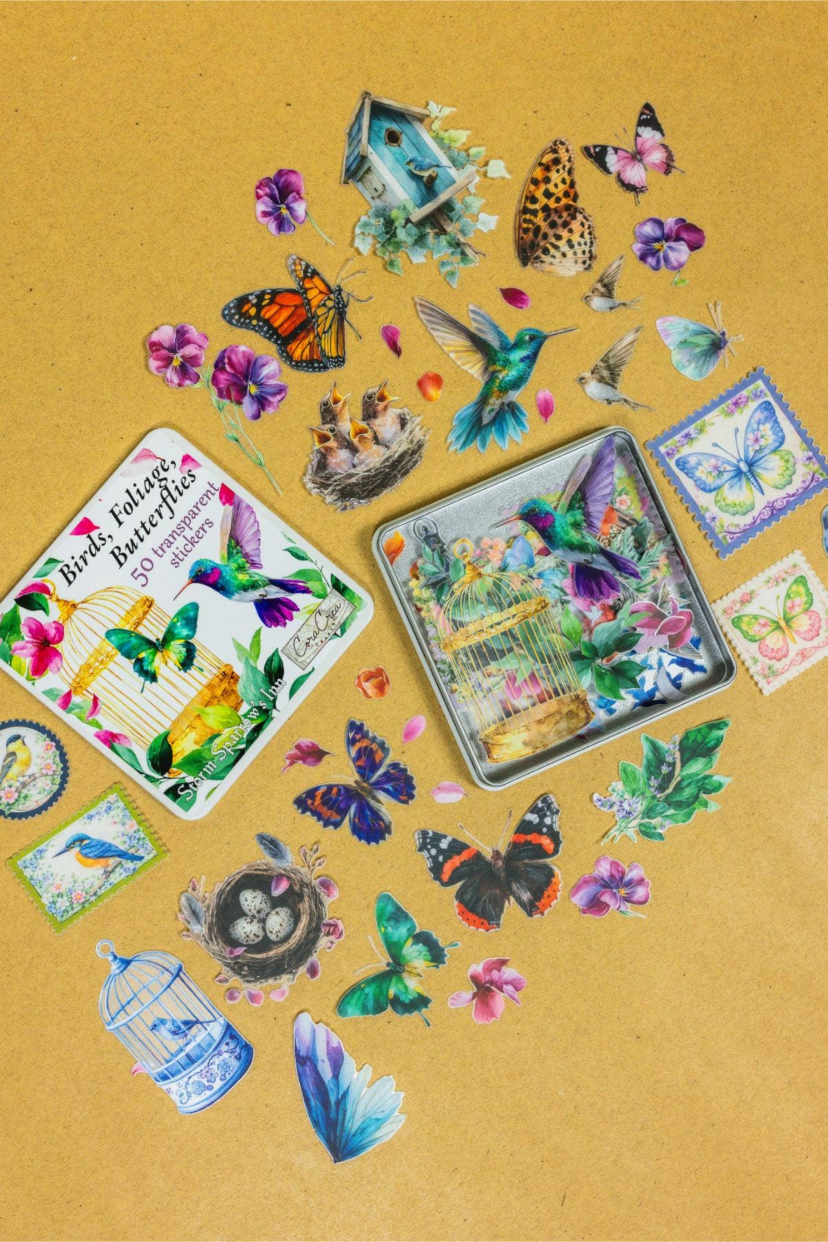 Birds, Foliage, Butterflies Sticker Tin Box