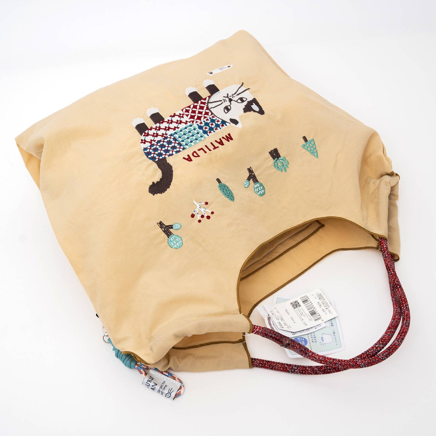 Kusuguru Embroidered Cat Nylon Shoulder Tote bag -Butter Yel