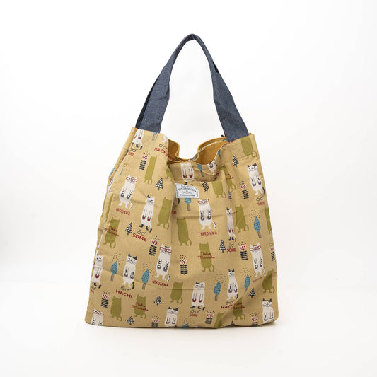 Kusuguru Japan Three Cats Embroidered Large Tote Bag -Yellow