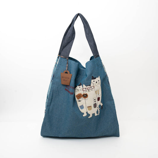 Kusuguru Japan Three Cats Embroidered Large Tote Bag - Blue