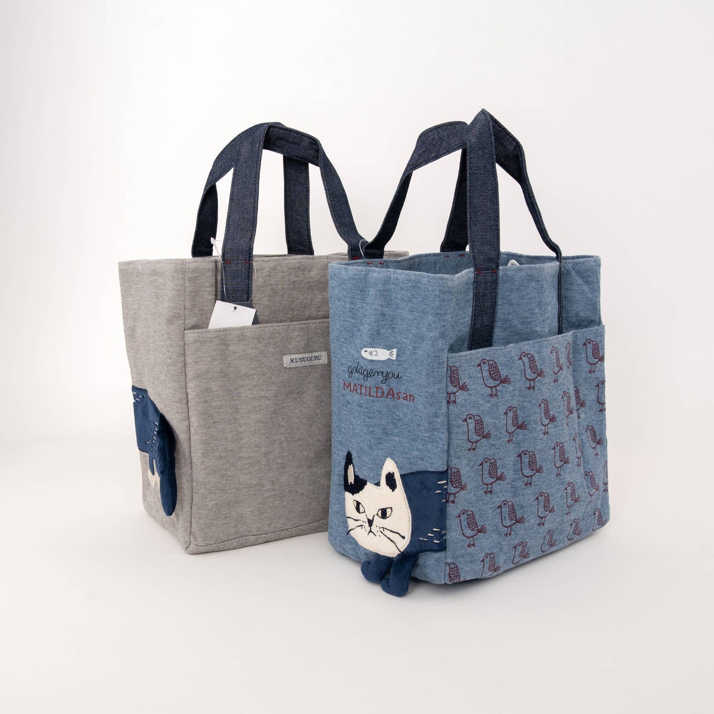 Kusuguru Japan Embroidered Cat Small Tote Bag - two color