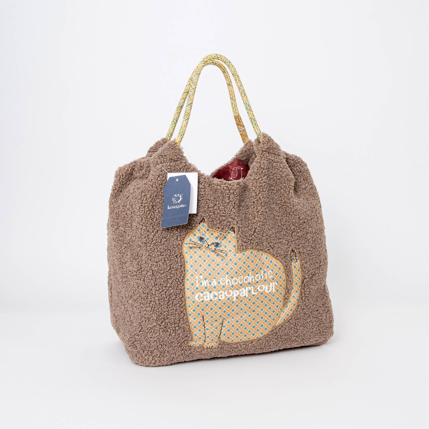 Cozy Teddy Fleece Cat Appliqué Tote Bag - Kusuguru Japan