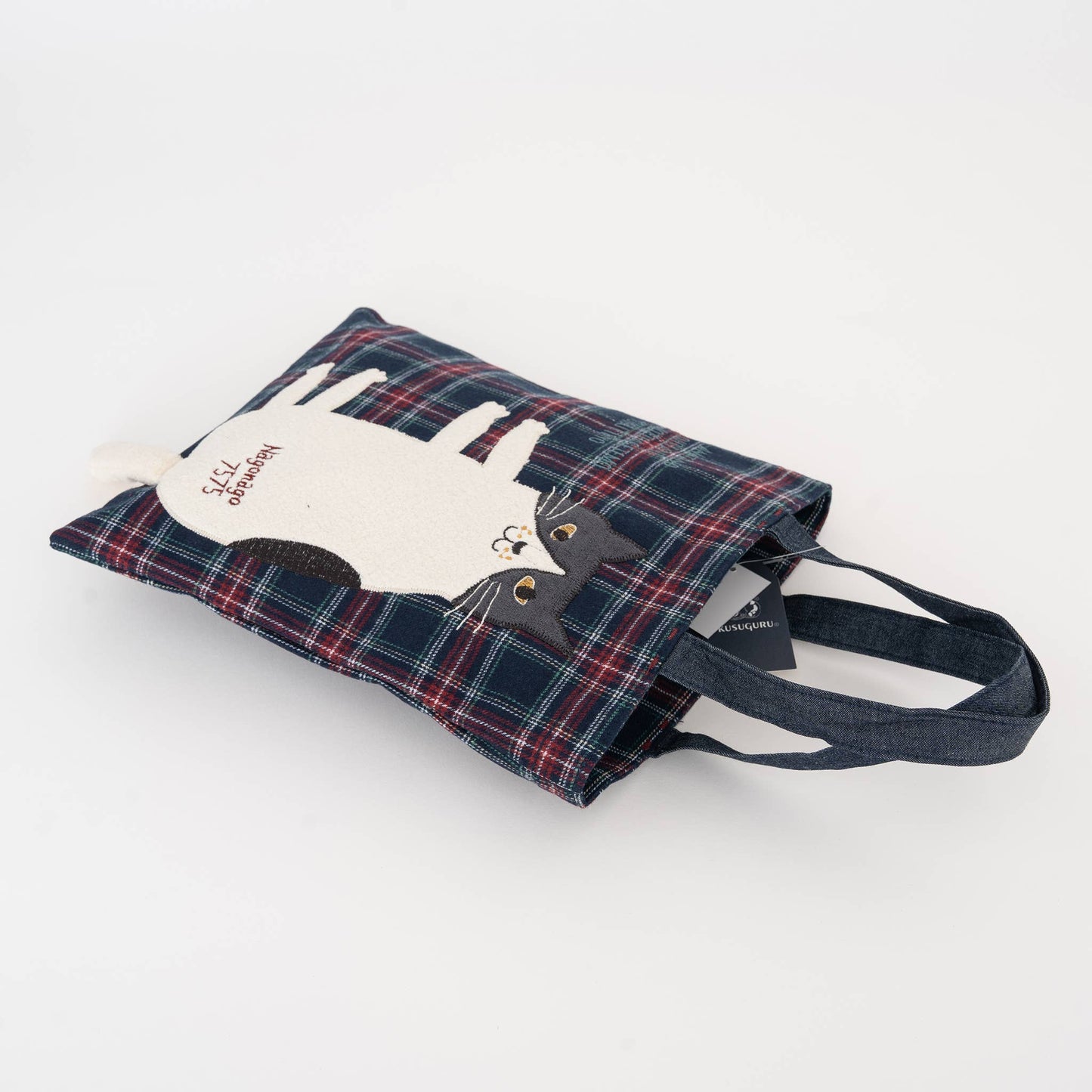 Kusuguru Japan Nago Cat Embroidered Small Tote - Navy Blue