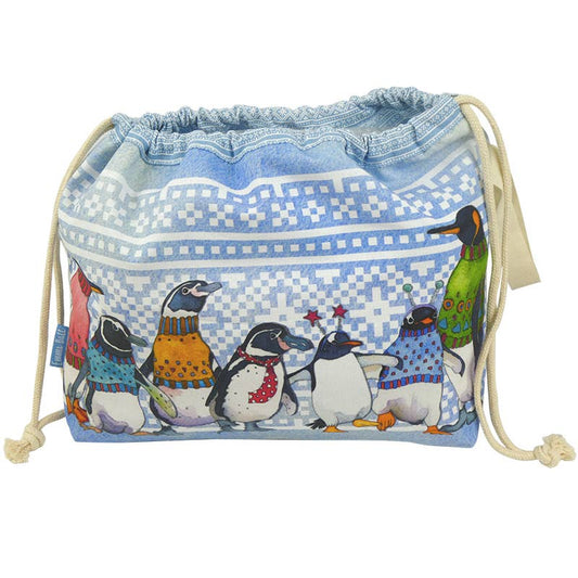 Penguins In Pullovers Drawstring Bag by Emma Ball