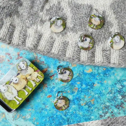 Emma Ball Felted Sheep Stitch Markers in A Pocket Tin